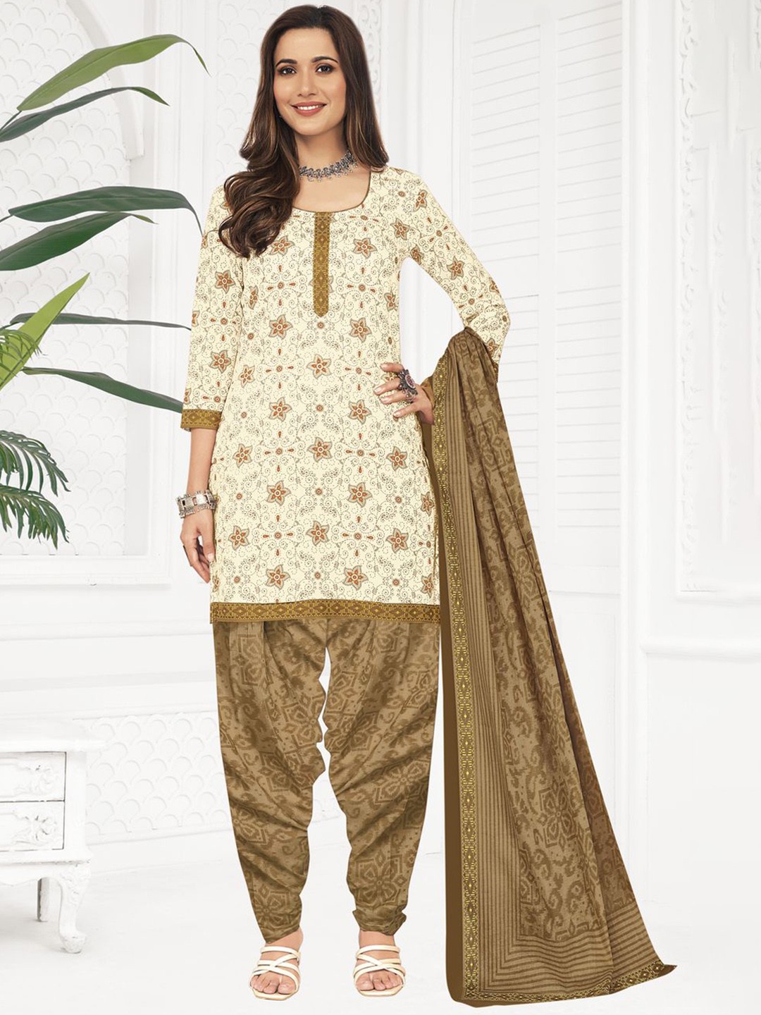 

MIRAAN Floral Printed Pure Cotton Straight Kurta with Patiala & Dupatta, Off white