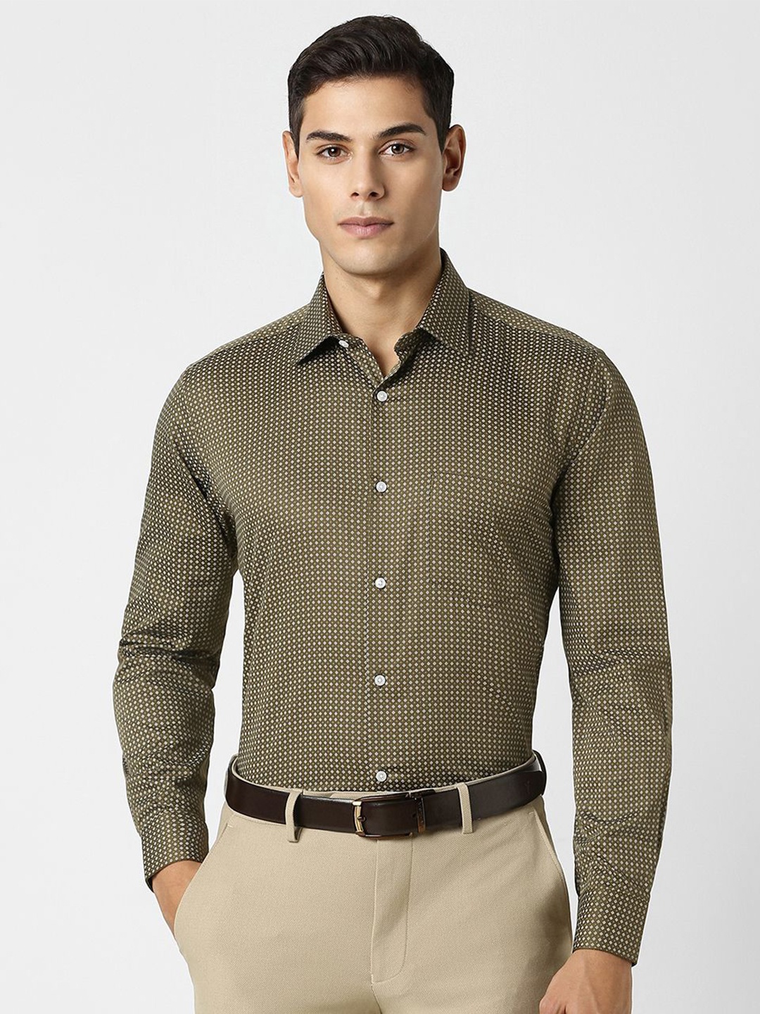 

Van Heusen Men Spread Collar Micro Ditsy Printed Cotton Formal Shirt, Olive