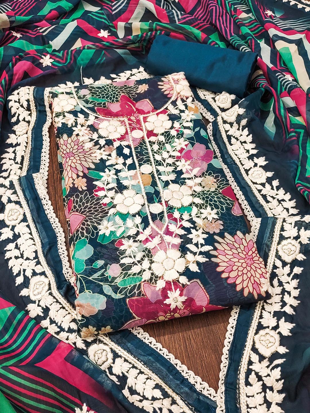 

KALINI Floral Embroidered Organza Unstitched Dress Material, Teal