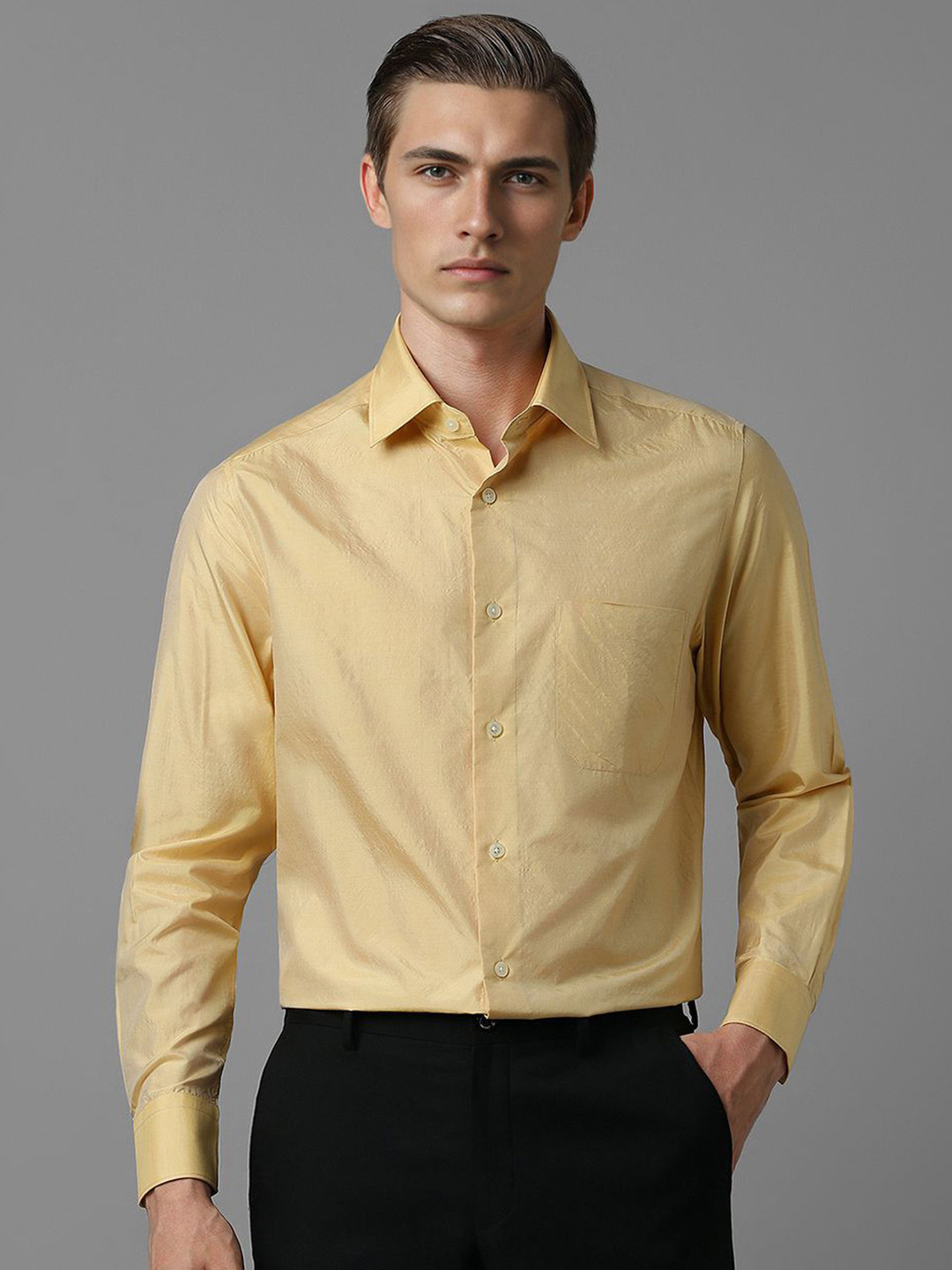 

Louis Philippe Men Classic Spread Collar Solid Silk Formal Shirt, Yellow