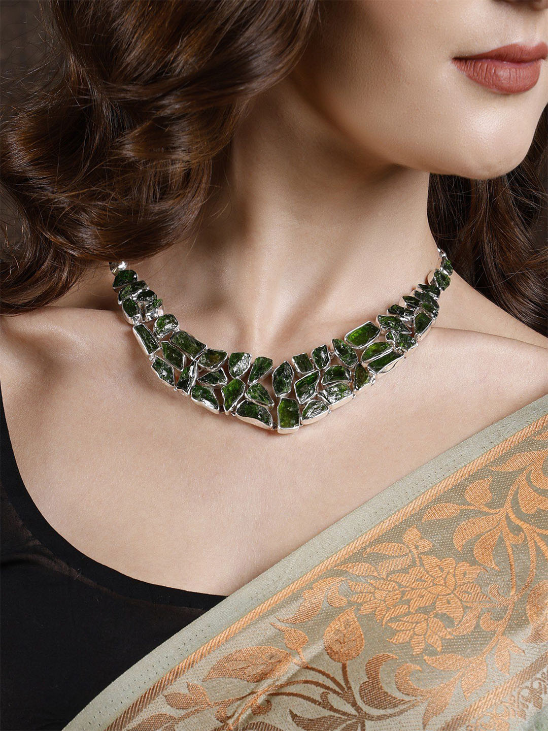 

Exotic India Rugged Natural Chrome Tourmaline Gemstone Sterling Silver Necklace