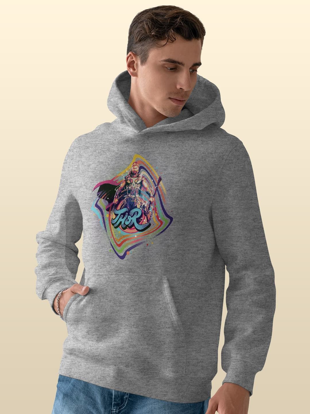 

macmerise Men Printed Hooded Sweatshirt, Grey