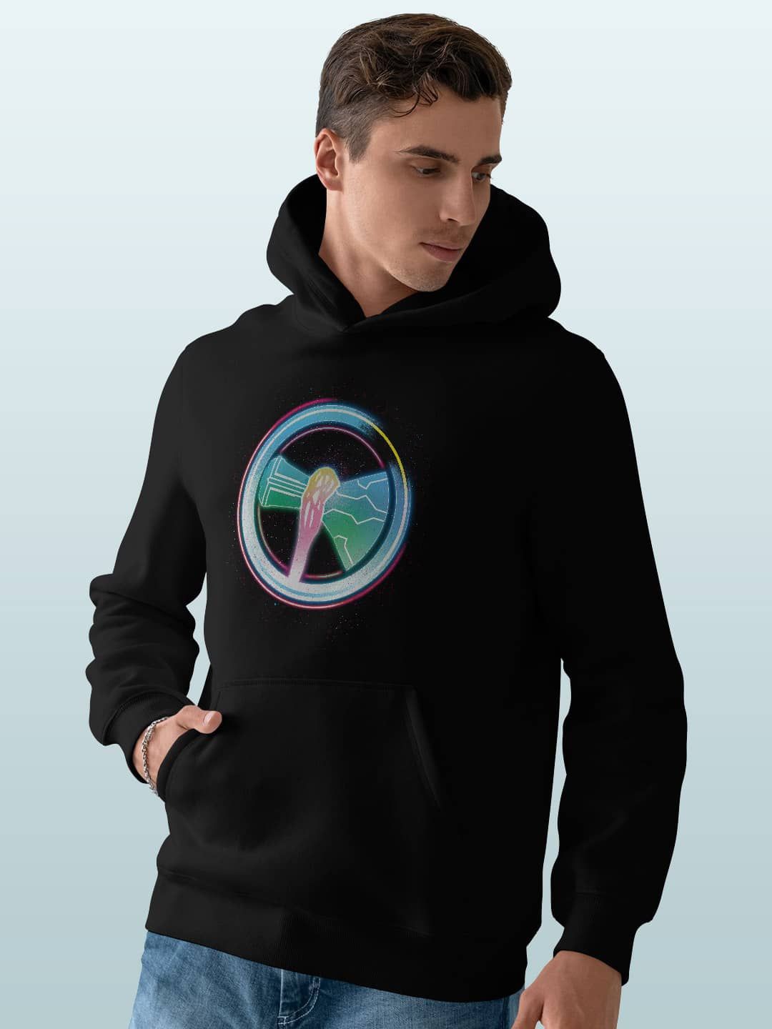 

macmerise Men Printed Hooded Sweatshirt, Black