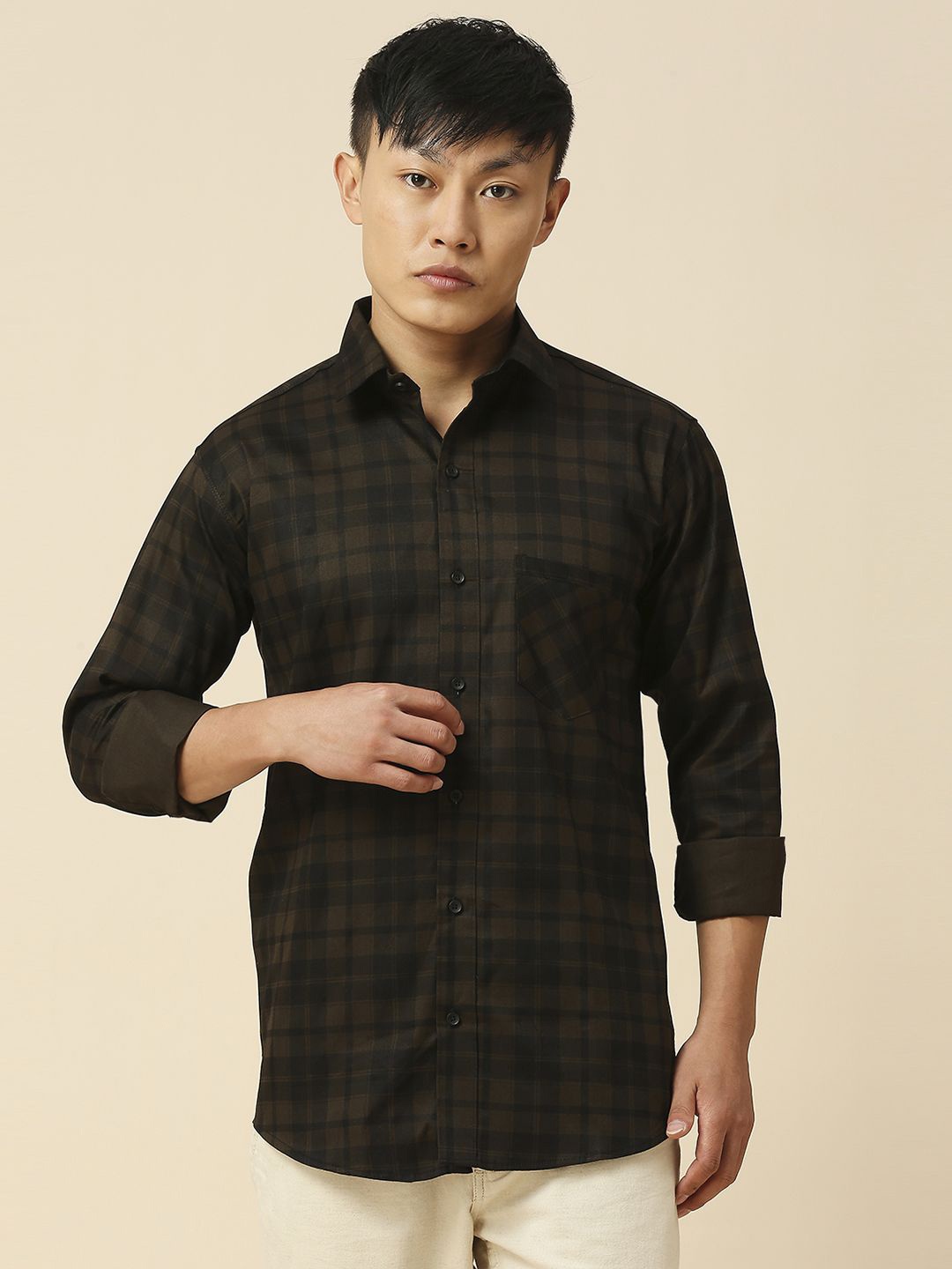 

TRYBUY.IN Men Spread Collar Tartan Checks Checked Cotton Casual Shirt, Black