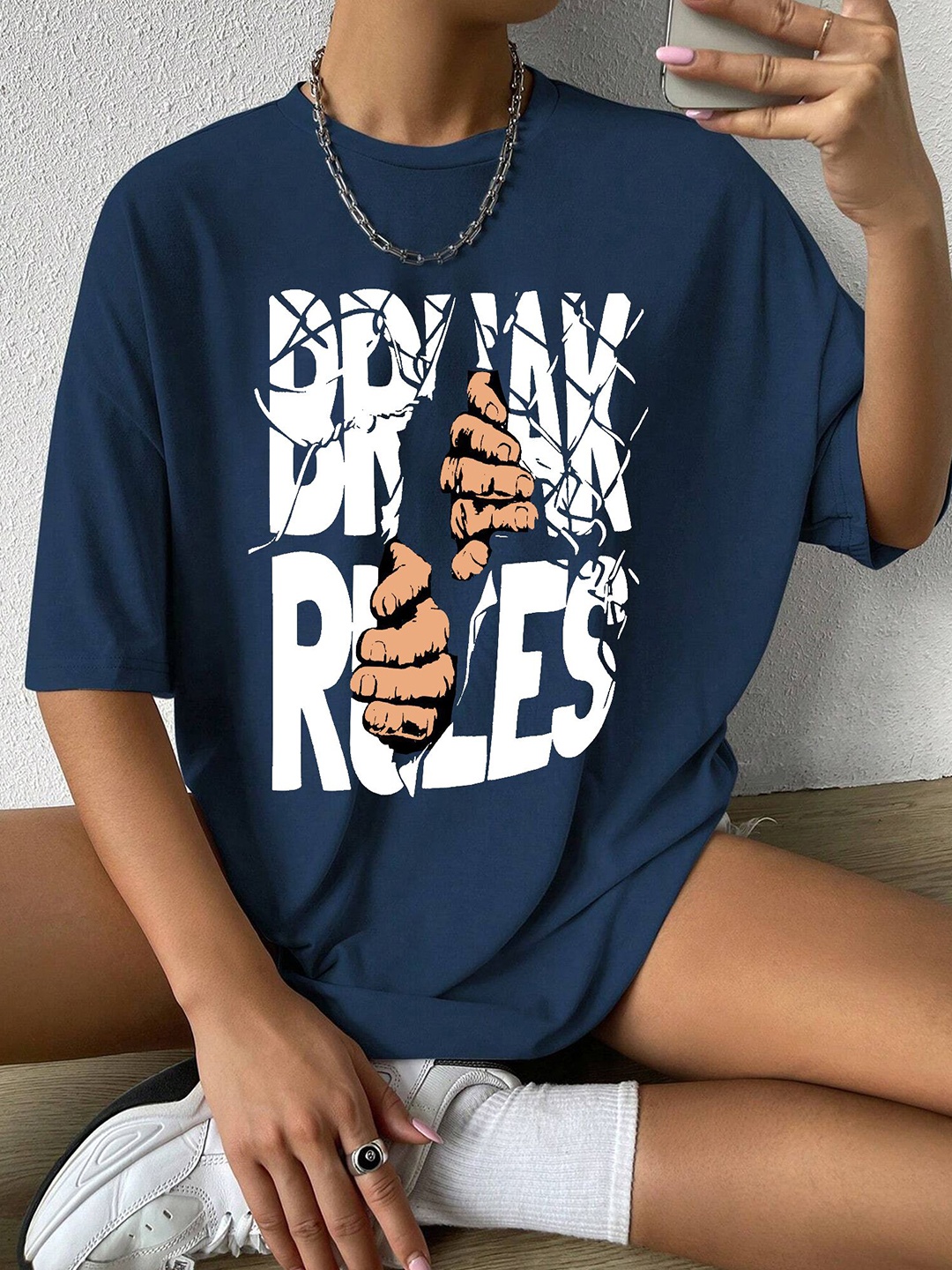 

TABADTOD Women Typography Printed Oversized T-shirt, Navy blue