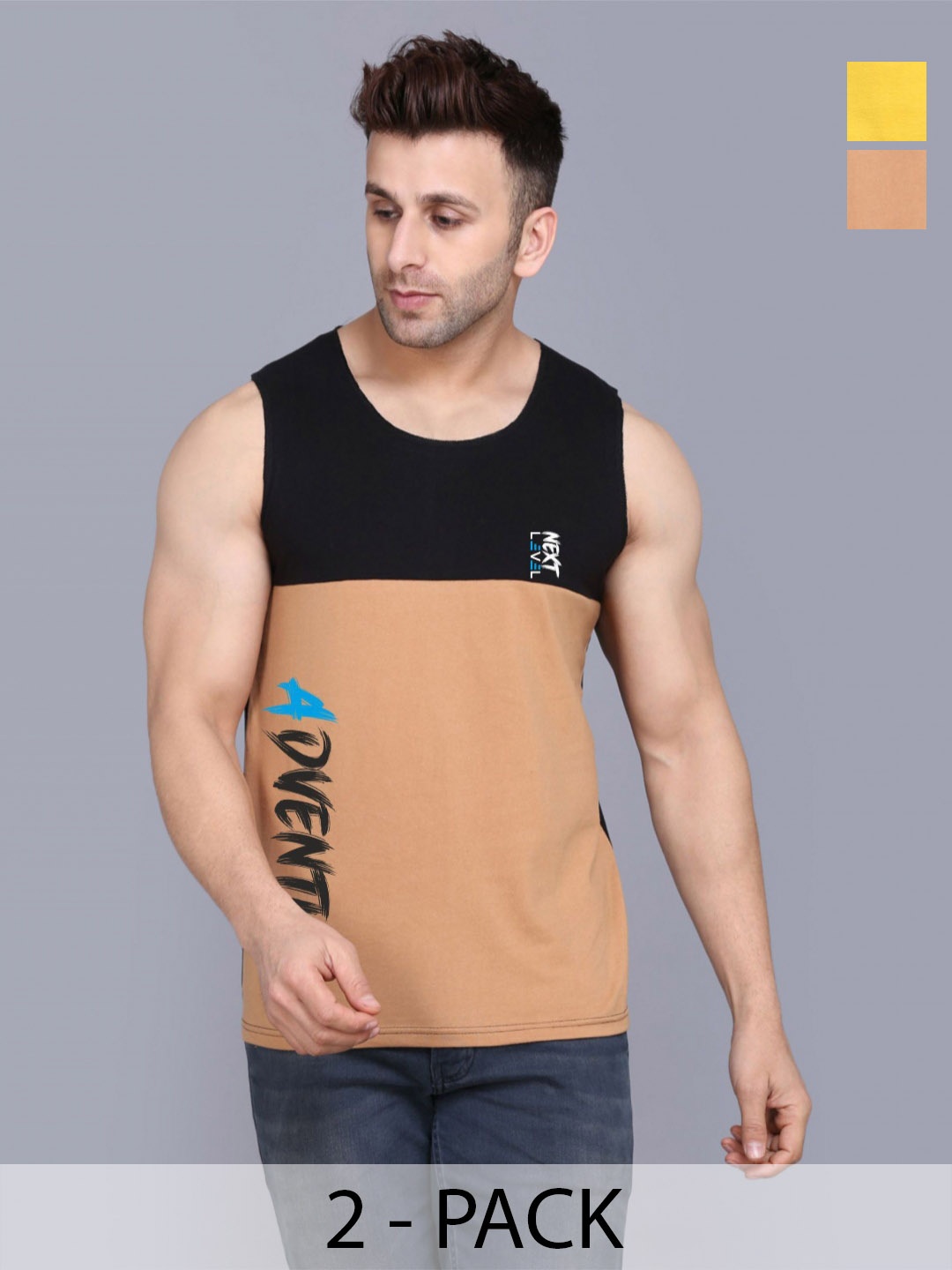 

SLOWLORIS Men Pack Of 2 Typography Printed Round Neck Cotton Slim Fit T-shirts, Yellow
