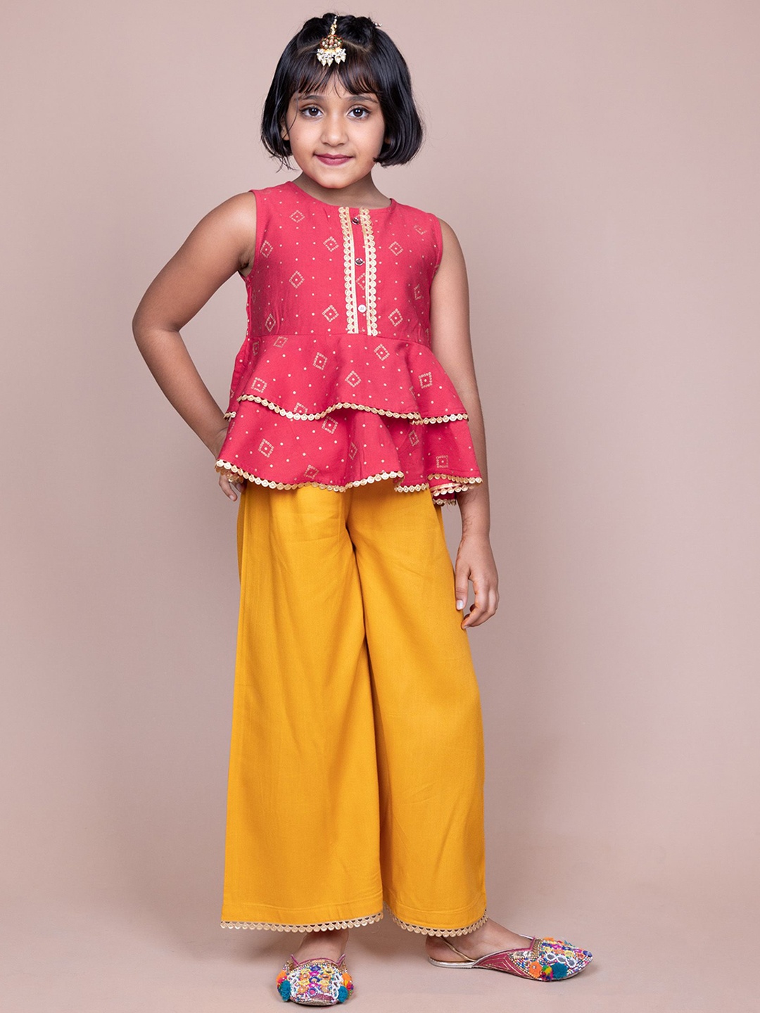 

HERE&NOW Girls Printed Top with Palazzos, Red