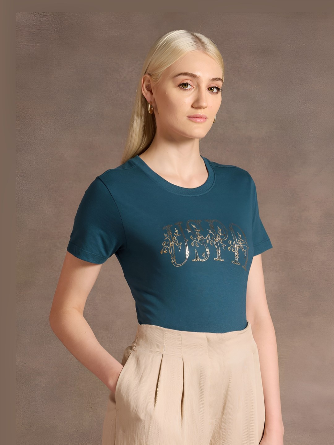 

U.S. Polo Assn. Women Typography Printed Round Neck Pure Cotton T-Shirt, Teal