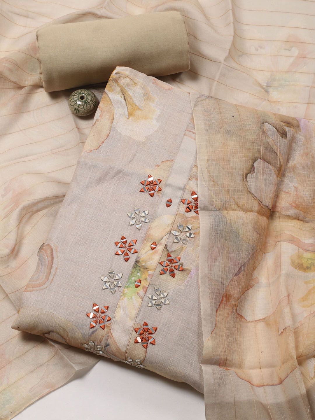 

Meena Bazaar Floral Printed Mirror Work Linen Unstitched Dress Material, Beige