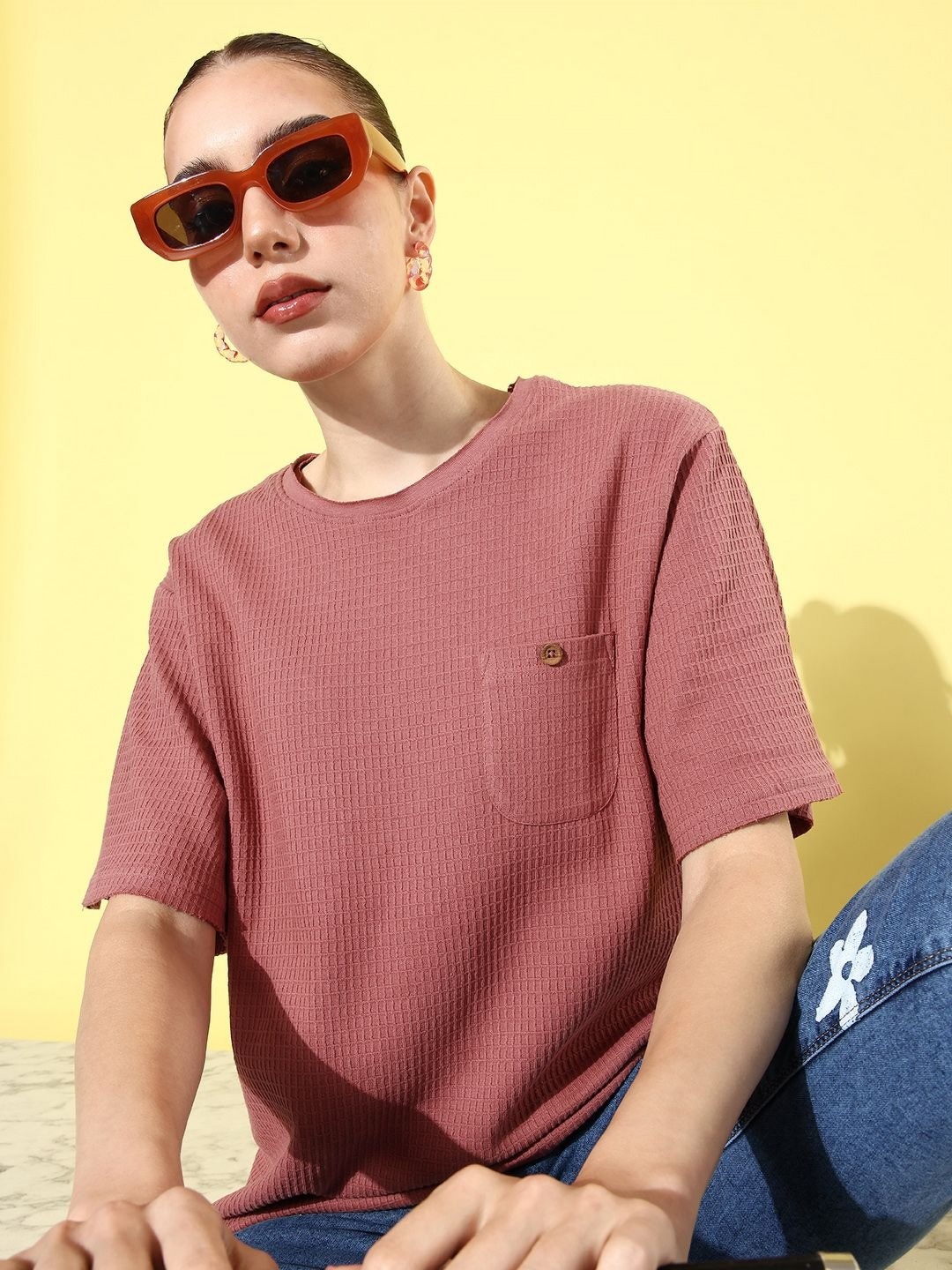 

DILLINGER Women V-Neck Extended Sleeves Pockets T-shirt, Pink