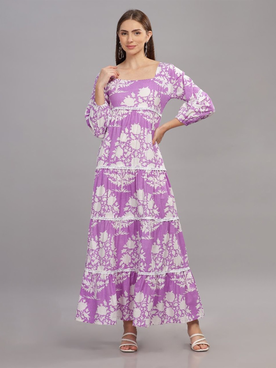 

THE VASILIKI Floral Printed Square Neck Tiered Fit and Flare Maxi Dress, Purple