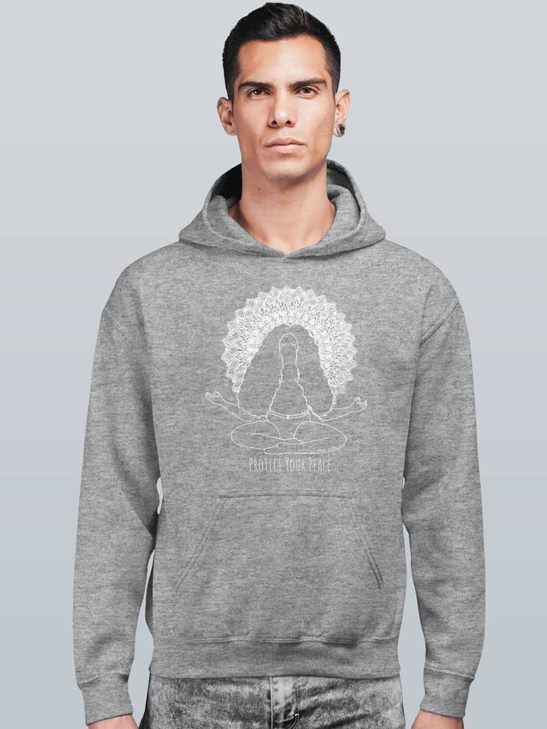 

macmerise Men Printed Hooded Sweatshirt, Grey