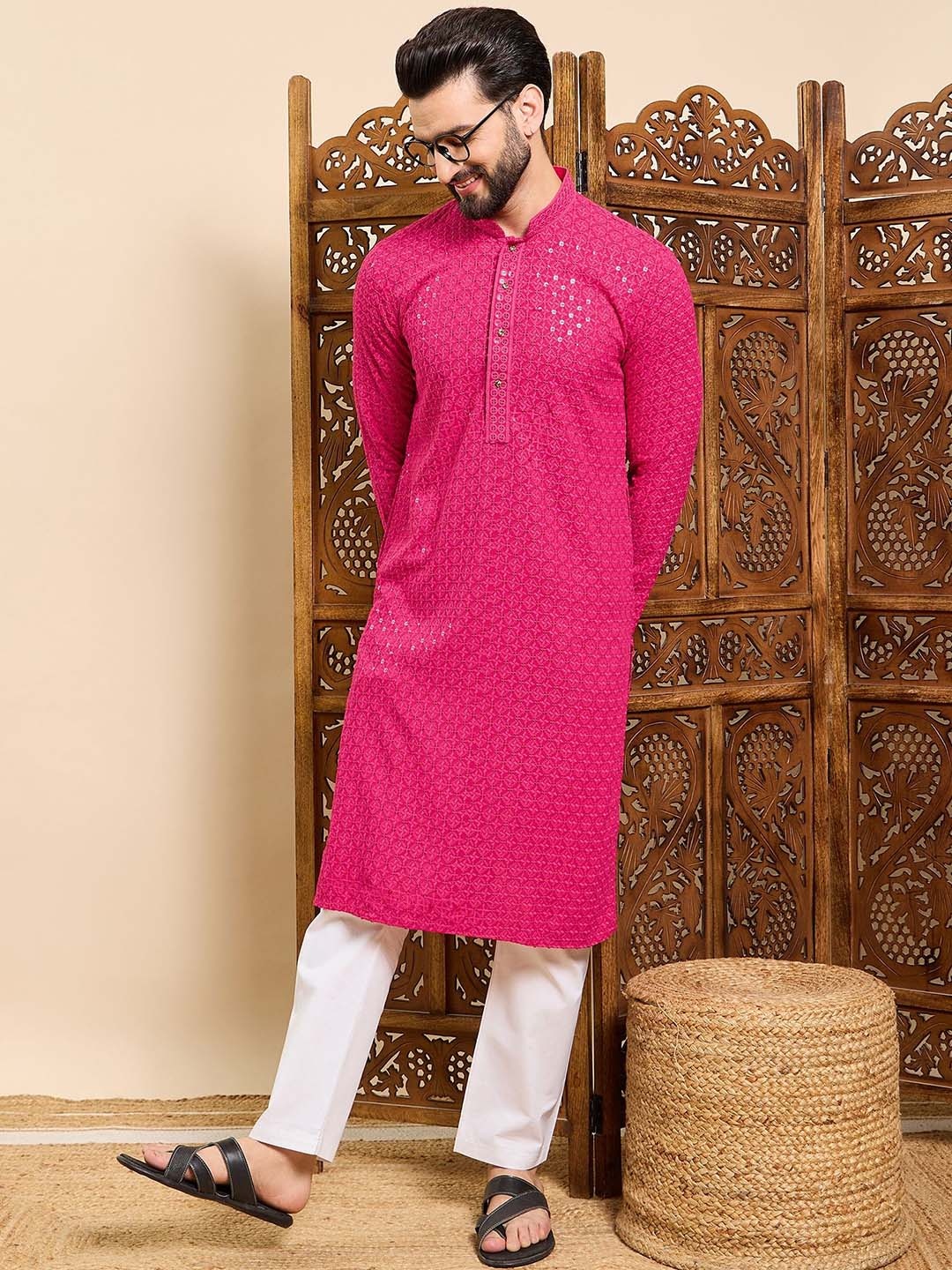 

HERE&NOW Ethnic Motifs Embroidered Mandarin Collar Sequinned Straight Kurta, Fuchsia