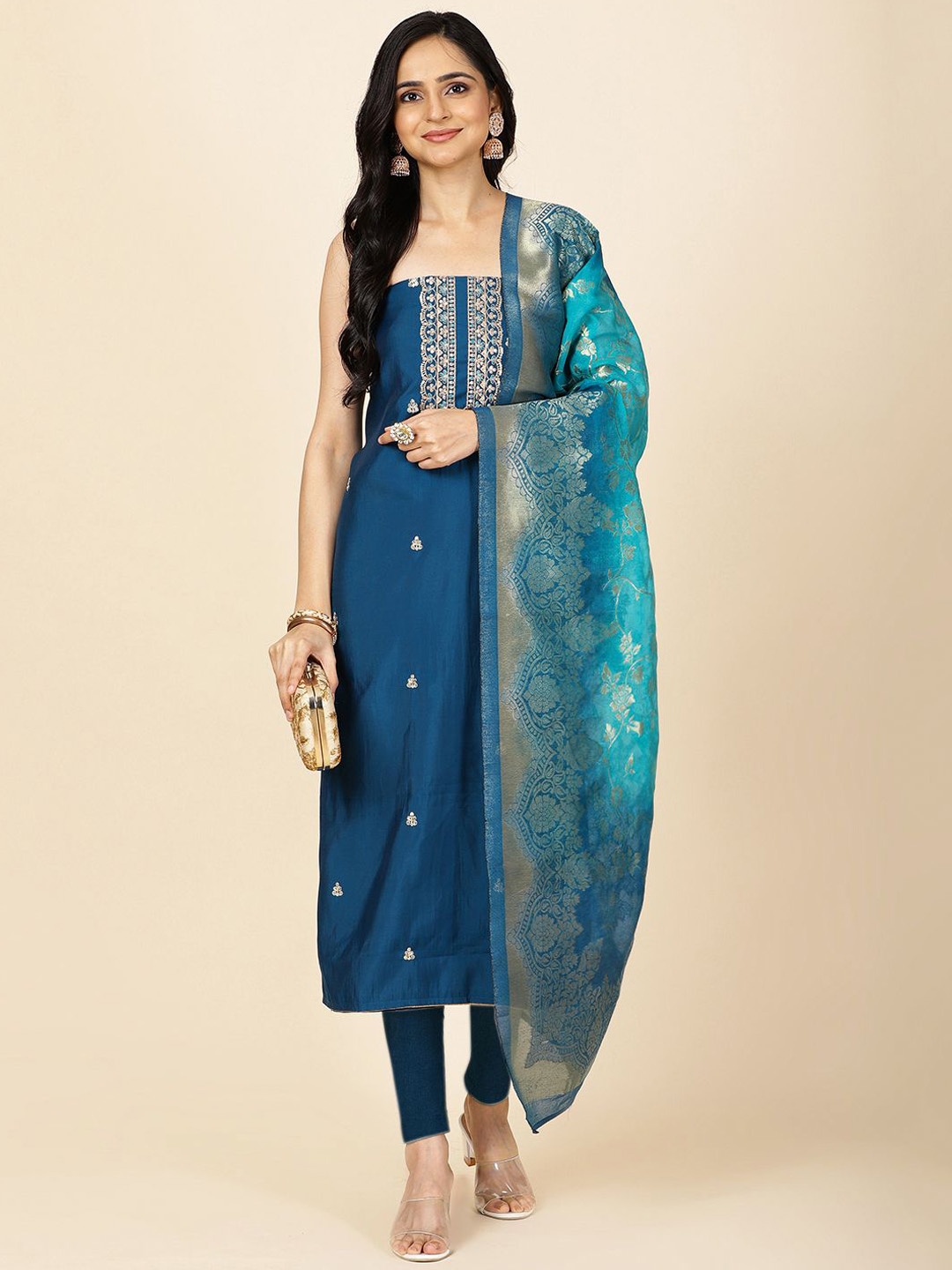 

Meena Bazaar Ethnic Motifs Embroidered Sequinned Unstitched Dress Material, Blue
