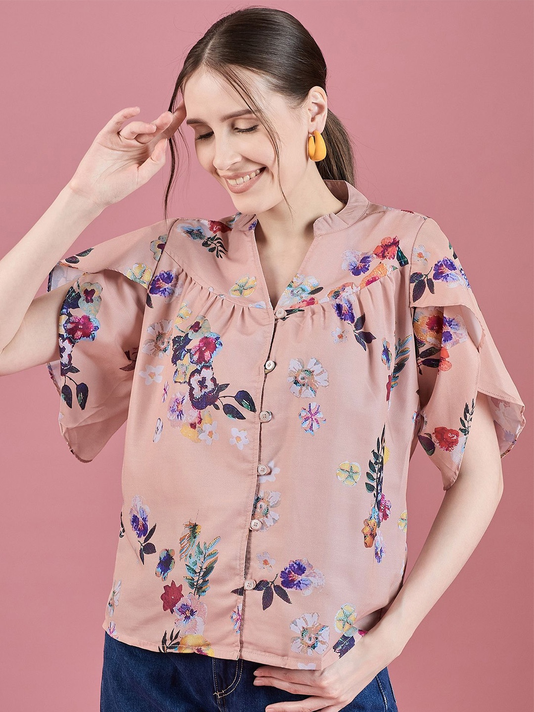 

DressBerry Floral Print Mandarin Collar Flared Sleeve Shirt Style Top, Peach