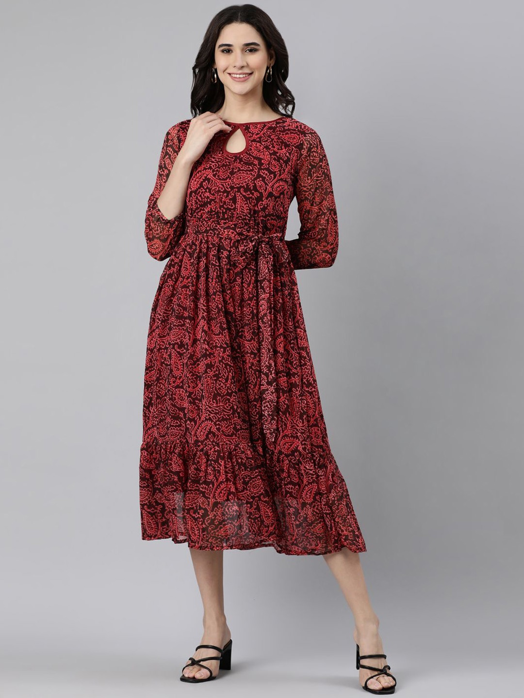 

Souchii Ethnic Motifs Printed Fit & Flared Midi Ethnic Dress With Belt, Maroon