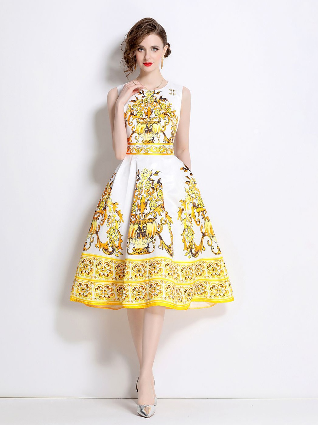 

JC Collection Floral Printed Fit & Flare Midi Dress, Yellow