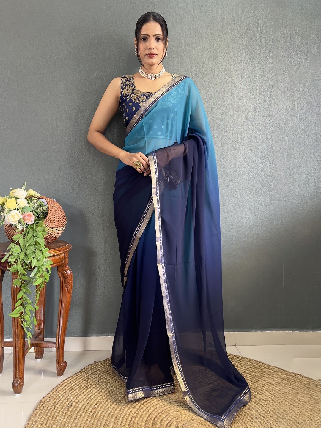 

JULEE Ombre Zari Pure Georgette Saree, Turquoise blue