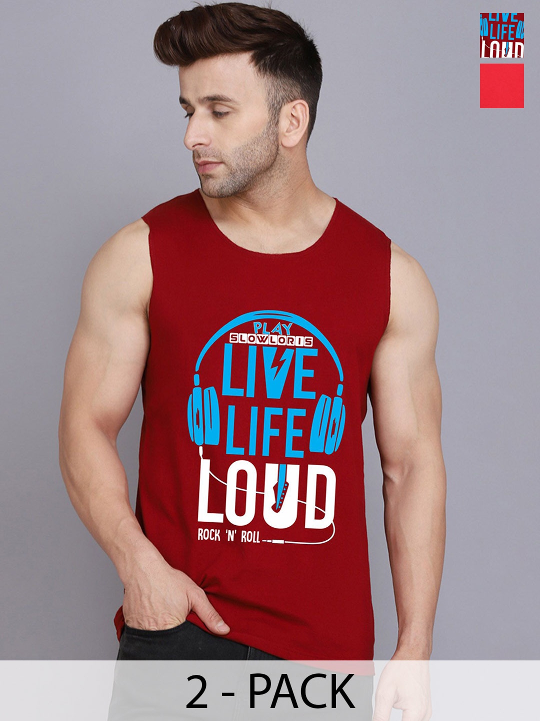 

SLOWLORIS Men Pack Of 2 Printed Sleeveless Gym Innerwear Vests, Maroon