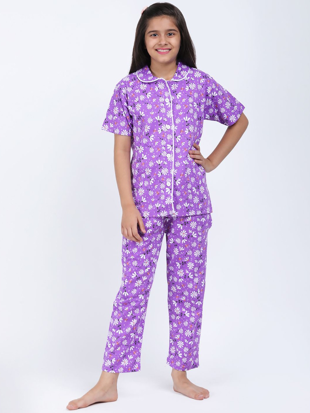

Elzoh Girls Floral Printed Pure Cotton Night suit, Purple