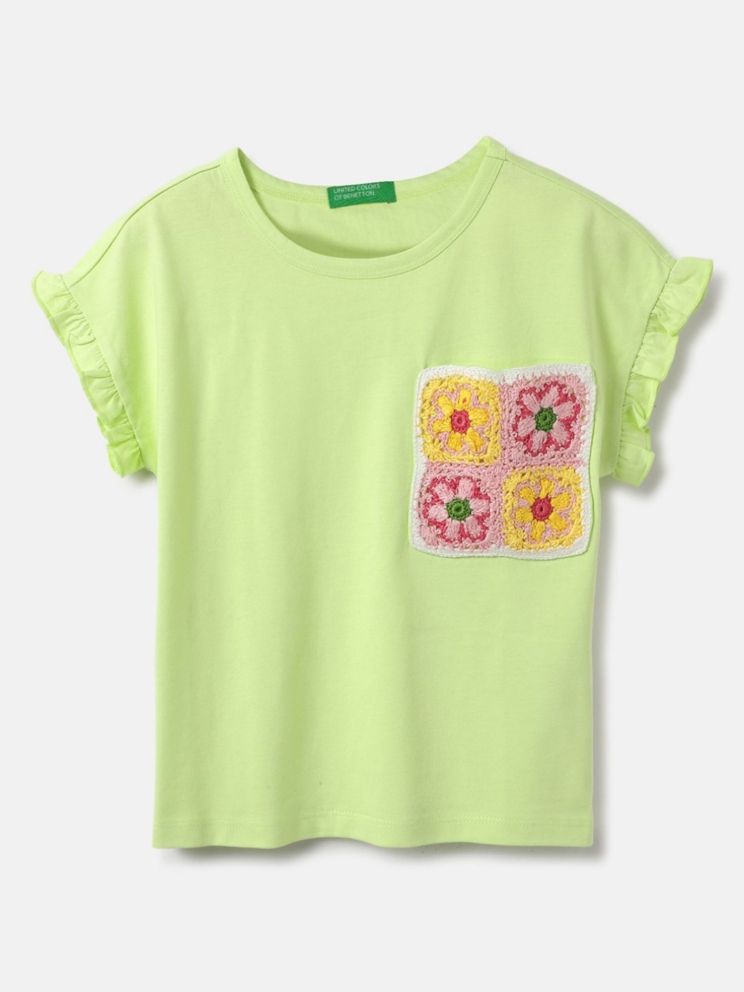 

United Colors of Benetton Girls Floral Pure Cotton Pockets T-shirt, Green