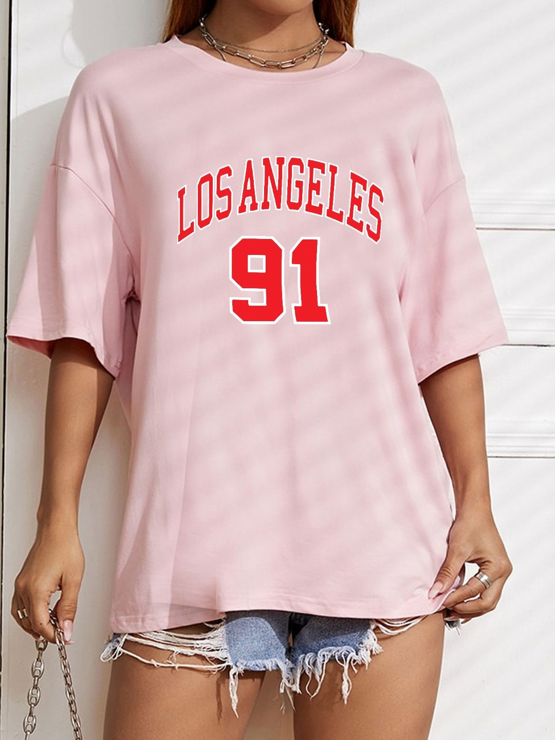 

TABADTOD Women Typography Printed Oversized T-shirt, Pink