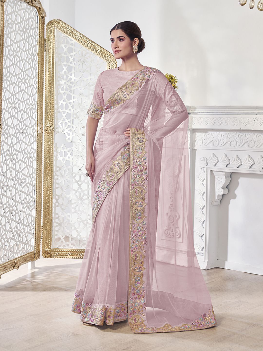 

Inddus Floral Sequinned Net Saree, Mauve