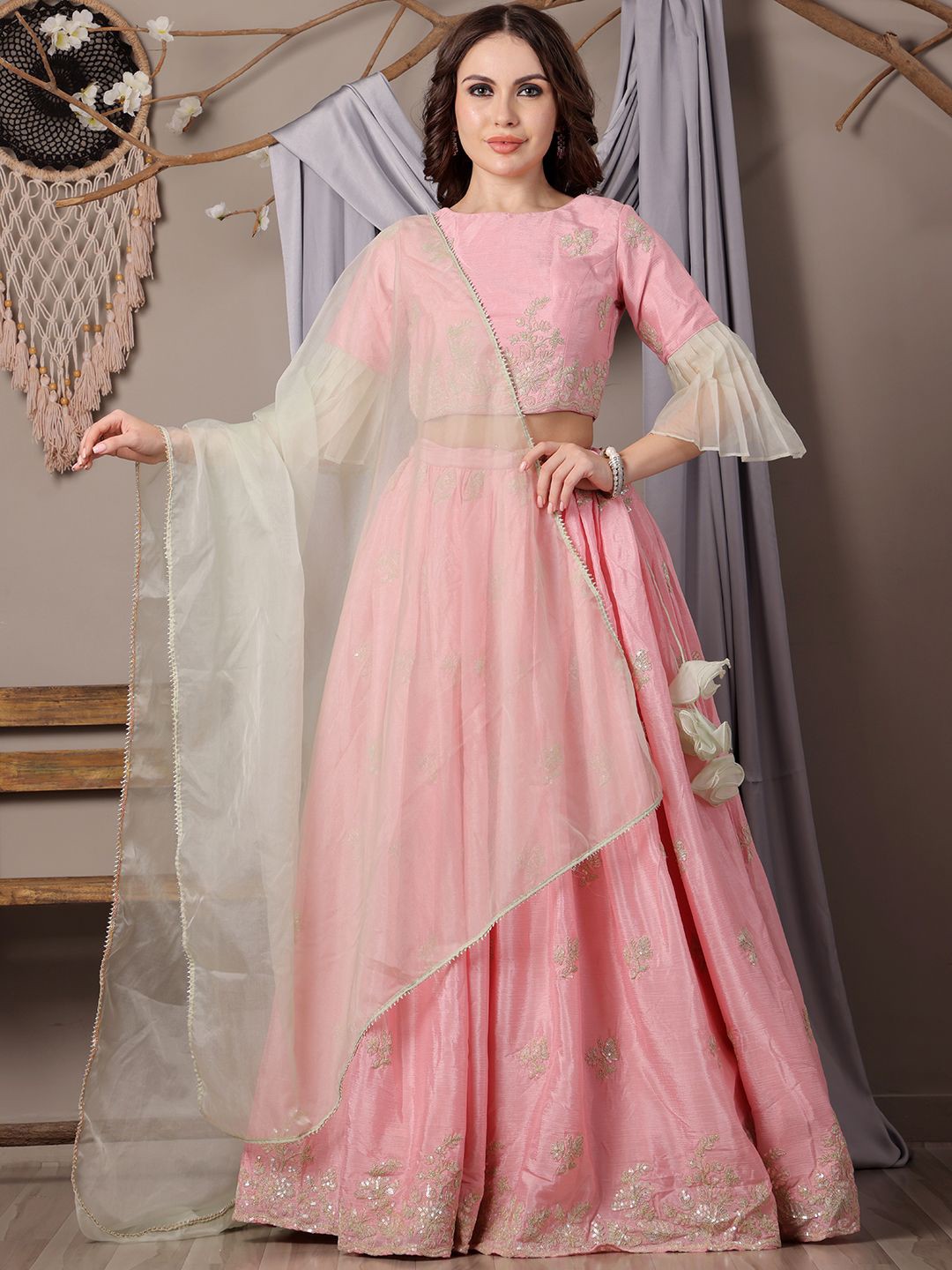 

Ethnovog Embroidered Sequinned Ready to Wear Lehenga & Blouse With Dupatta, Pink