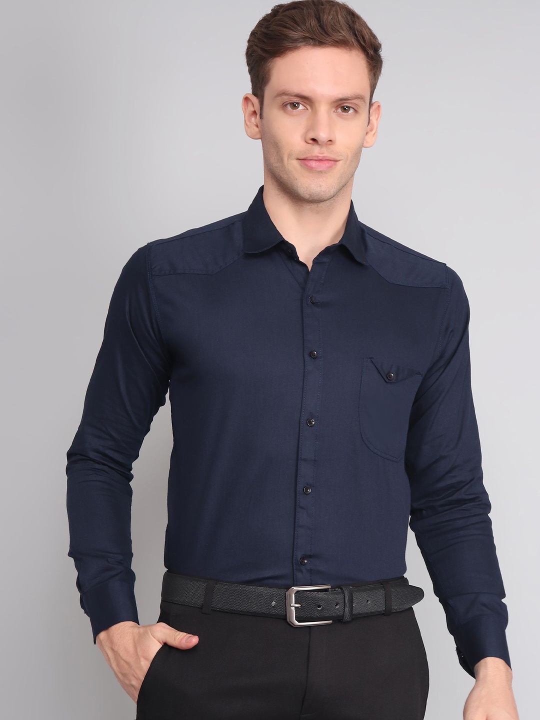 

TRYBUY.IN Men Spread Collar Solid Cotton Semiformal Shirt, Navy blue