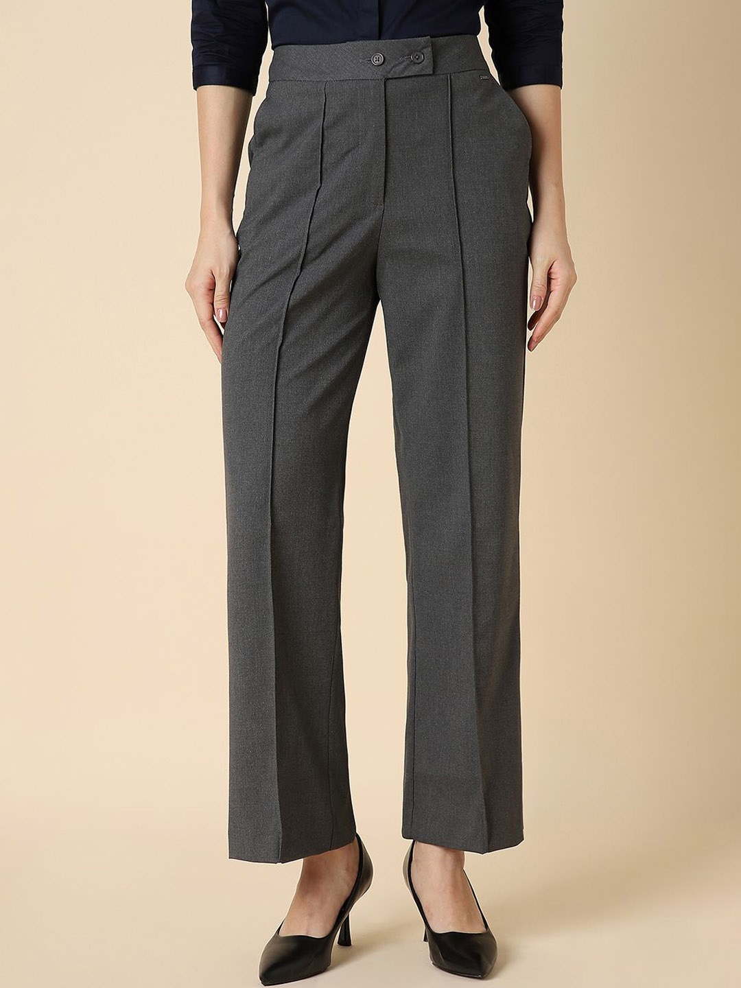 

Allen Solly Woman Women Loose Fit Textured Formal Trousers, Grey