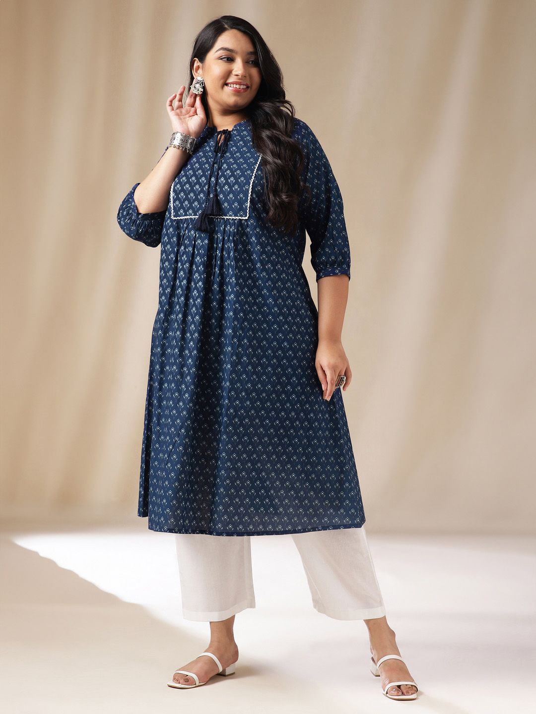 

Janasya PLus Size Floral Printed Tie-Up Neck Pure Cotton A-Line Kurta, Navy blue