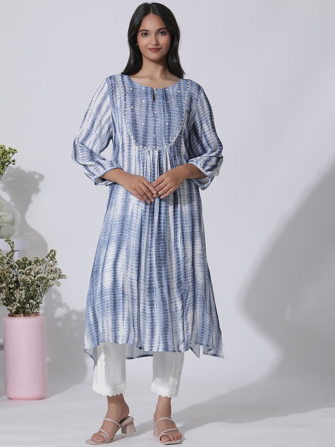 

W Abstract Printed Keyhole Neck A-Line Kurta, Blue