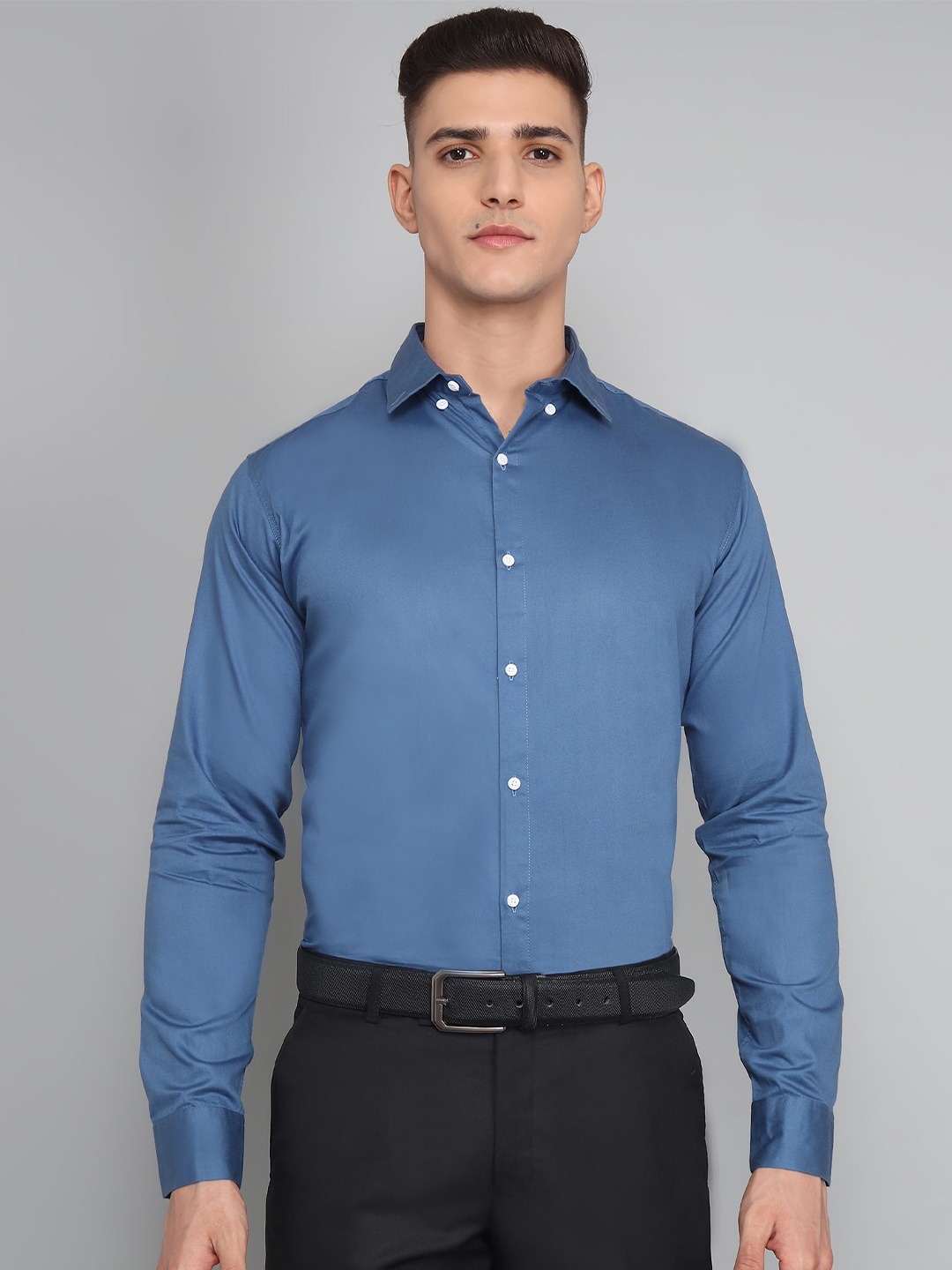 

TRYBUY.IN Men Button-Down Collar Solid Cotton Semiformal Shirt, Blue