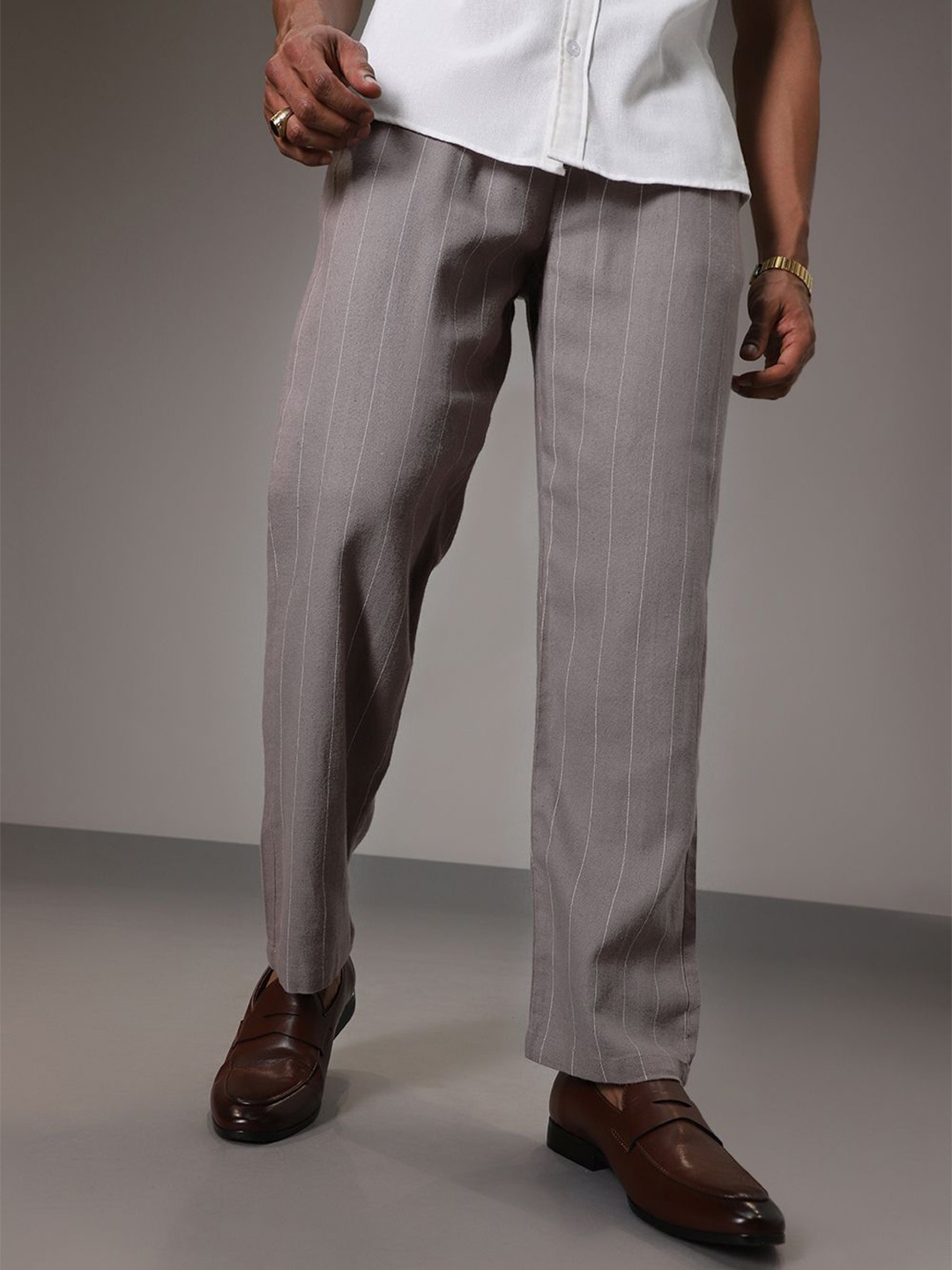

Banana Club Men Striped Printed Relaxed Trousers, Grey