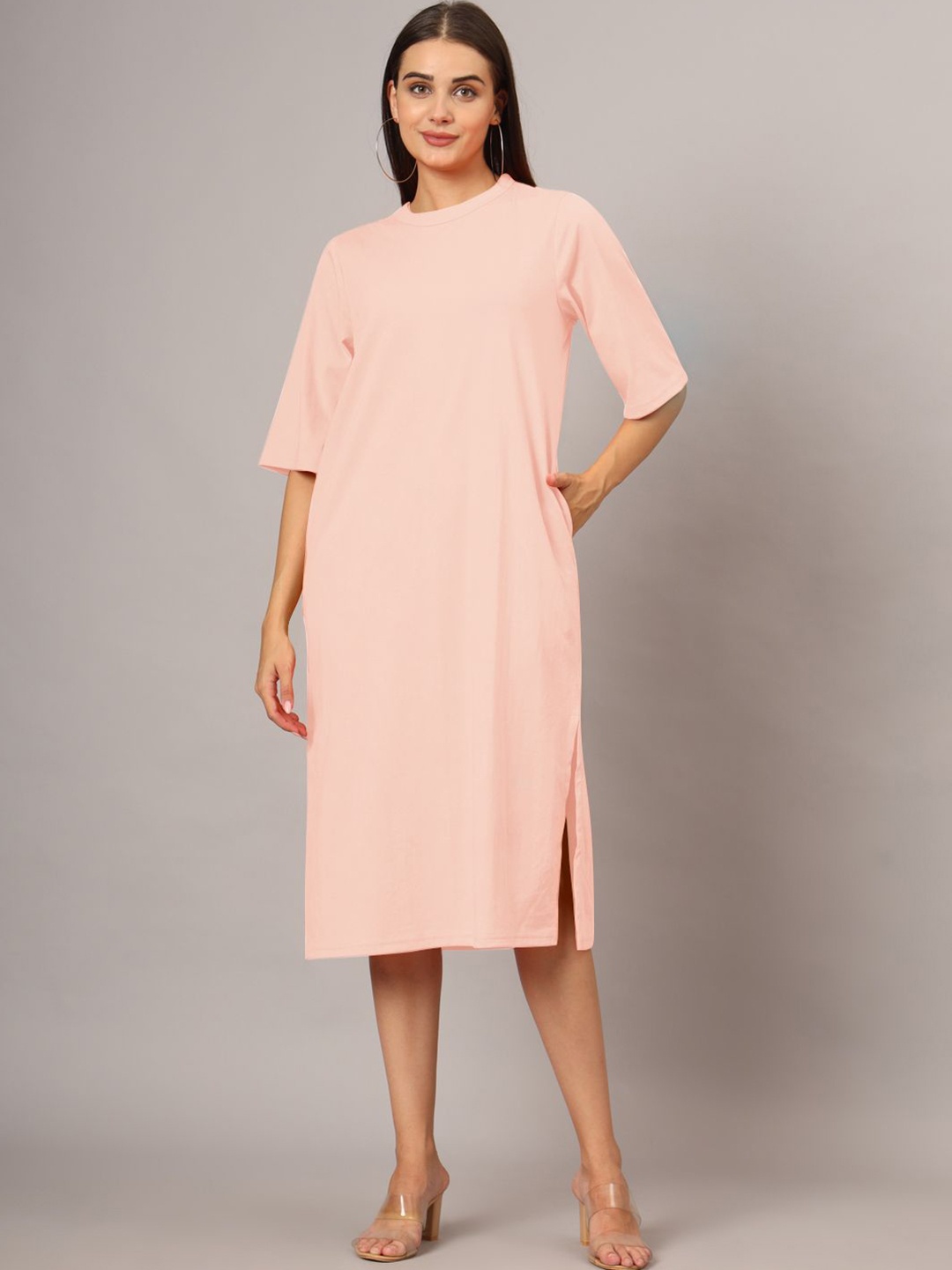 

BRINNS Round Neck Short Sleeves Cotton A-Line Midi Dress, Peach