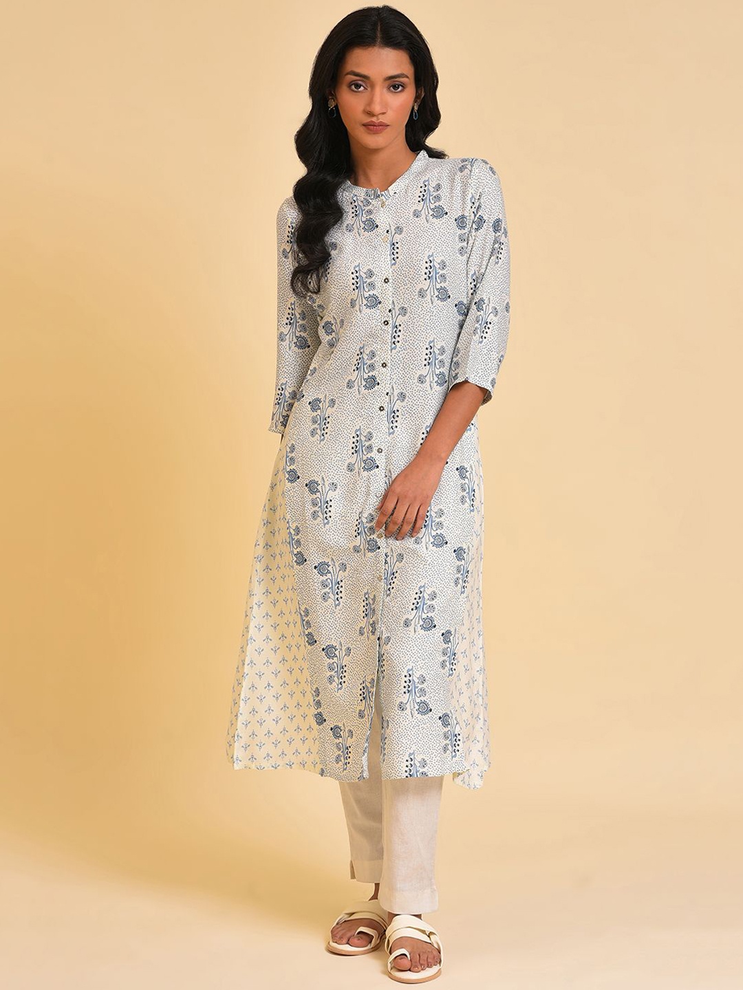 

W Floral Printed Band Collar A Line Kurta, White
