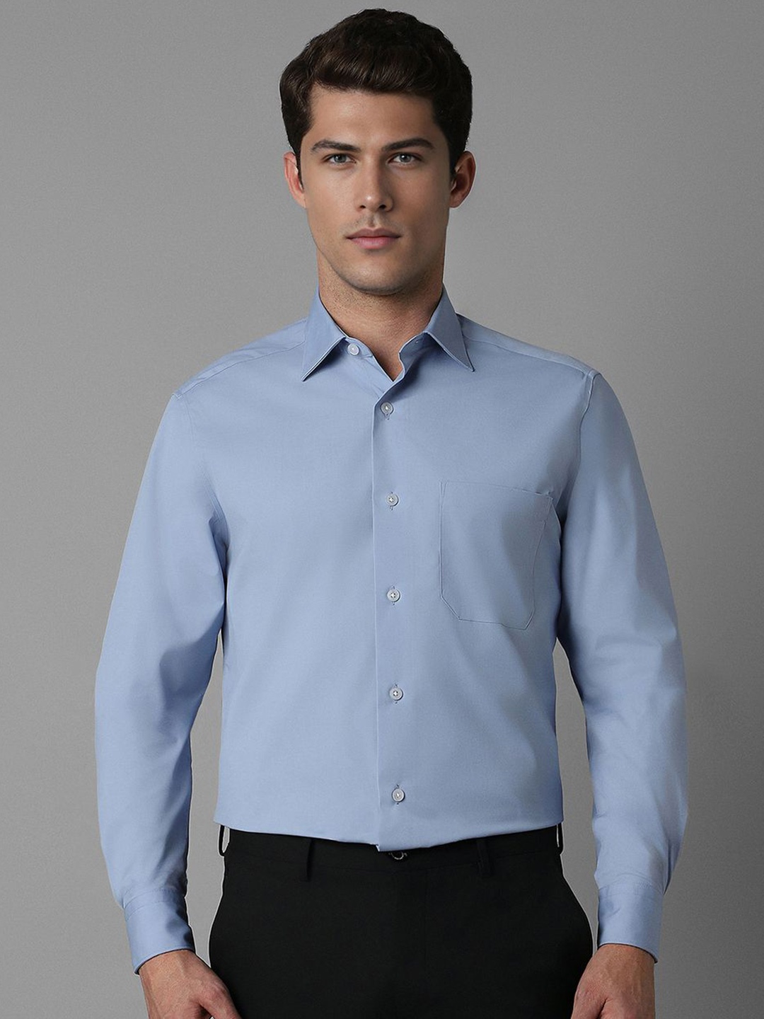 

Louis Philippe Men Classic Spread Collar Solid Cotton Formal Shirt, Blue