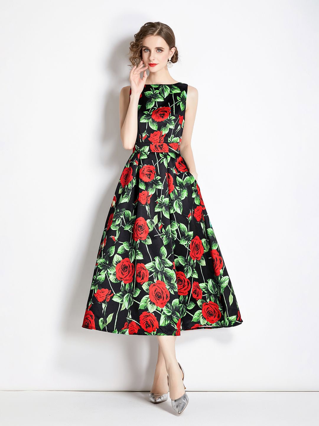 

JC Collection Boat Neck Fit & Flare Floral Midi Dress, Green