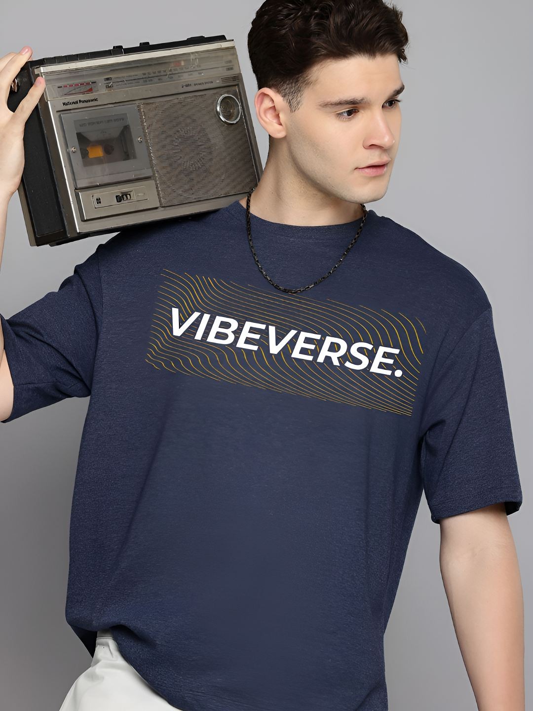 

R.Code by The Roadster Life Co. Men Typography Printed Round Neck Cotton Oversized T-shirt, Navy blue