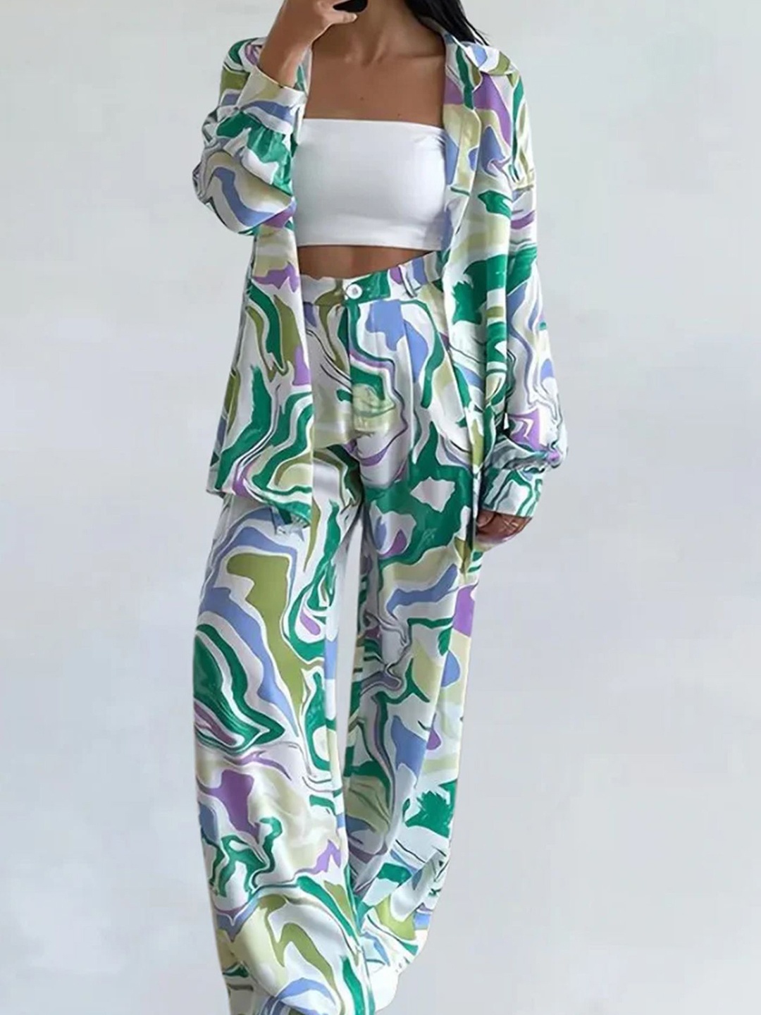 

LULU & SKY Abstract Printed Shirt With Trouser, White