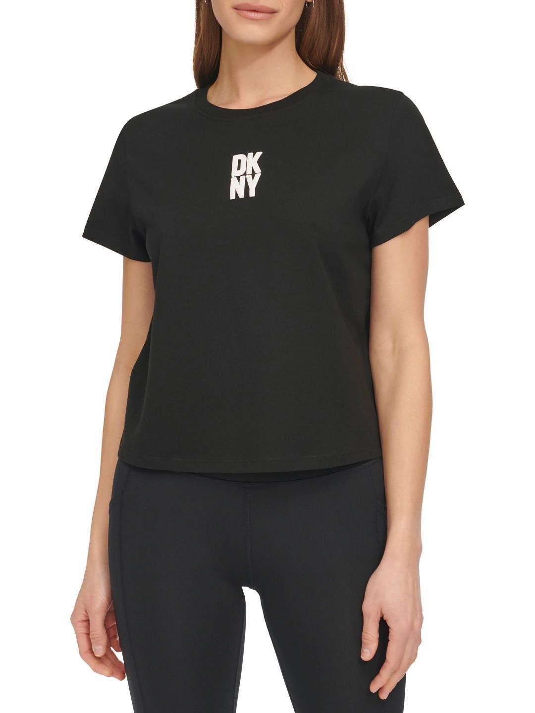 

DKNY Women Typography Printed Round Neck Cotton T-Shirt, Black