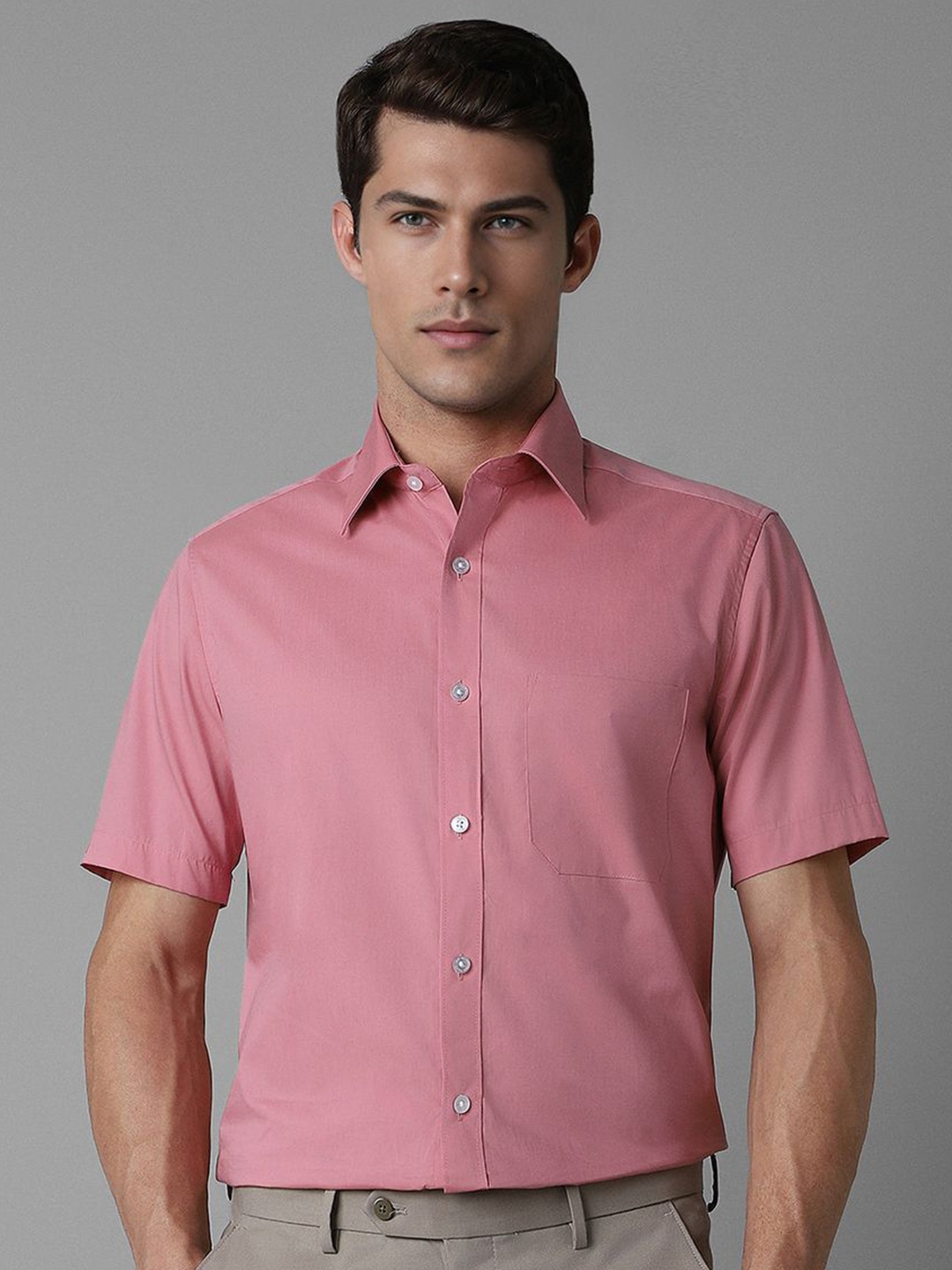 

Louis Philippe Men Classic Spread Collar Solid Cotton Formal Shirt, Pink