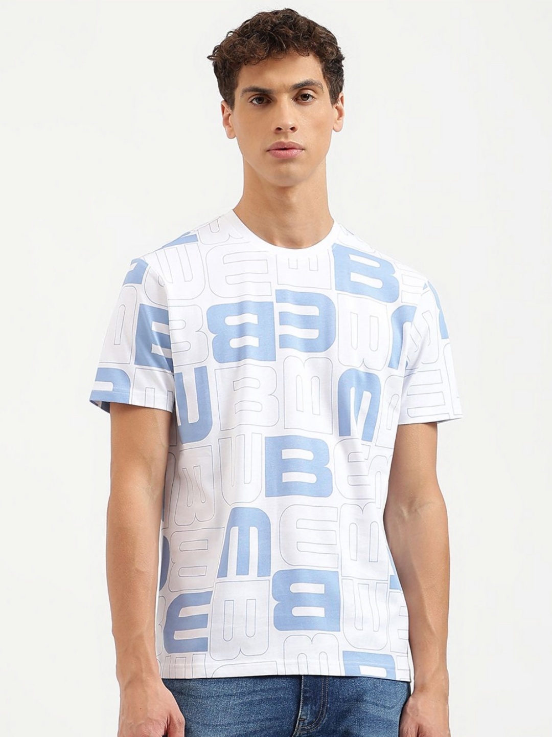 

United Colors of Benetton Men Striped Pure Cotton Raw Edge Boxy T-shirt, Blue