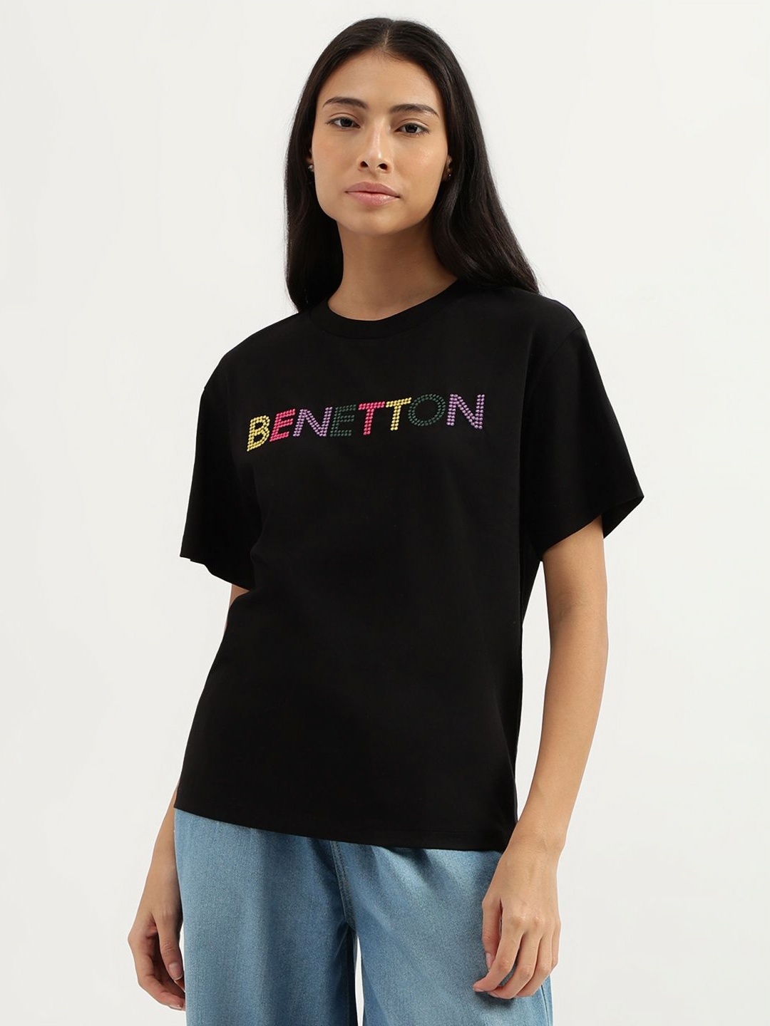 

United Colors of Benetton Women Typography High Neck Pure Cotton T-shirt, Black