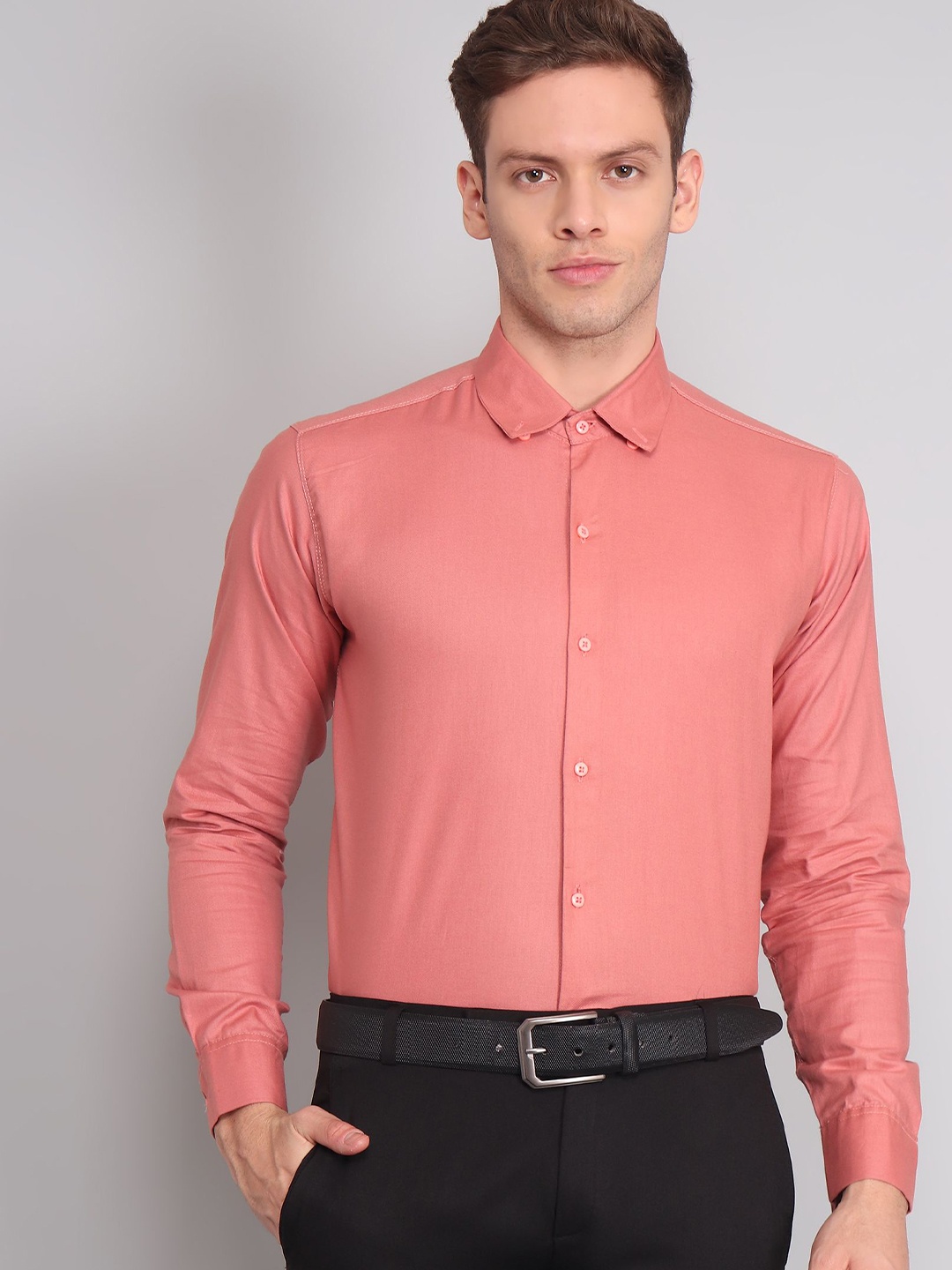 

TRYBUY.IN Men Button-Down Collar Solid Cotton Semiformal Shirt, Peach