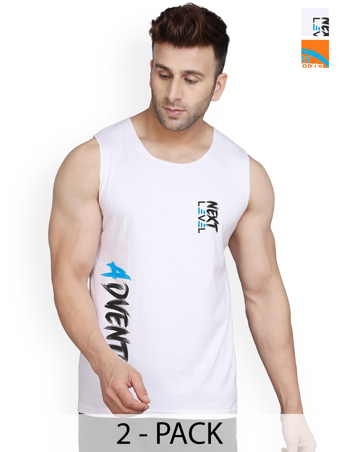 

SLOWLORIS Men Pack Of 2 Printed Sleeveless Gym Vests, Orange