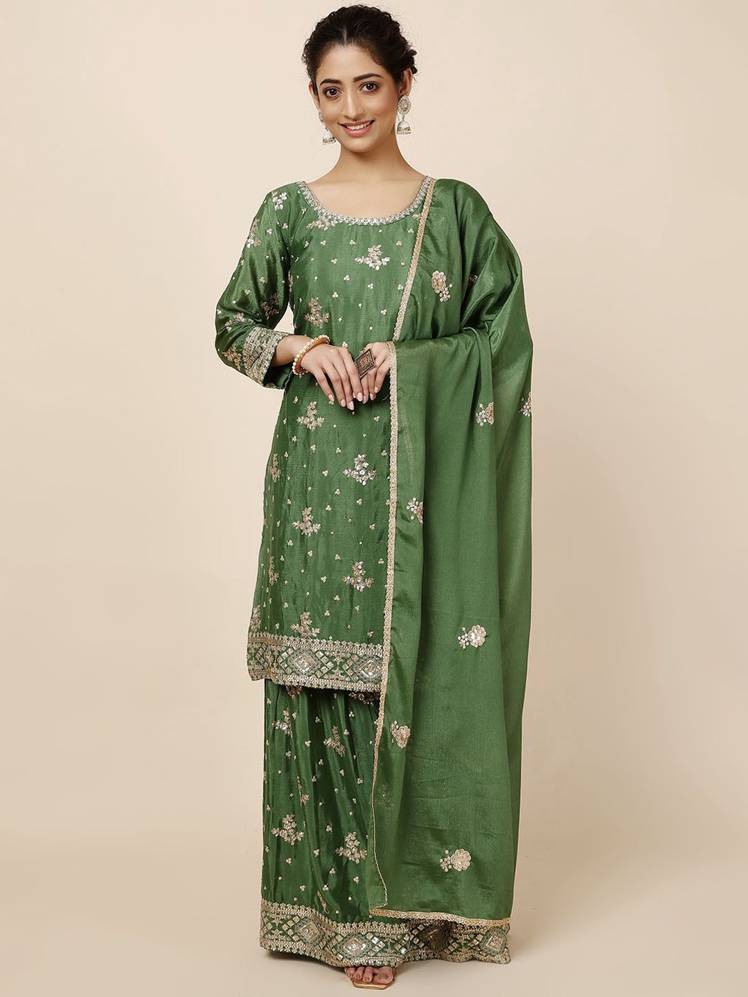

Meena Bazaar Floral Embroidered Sequinned Straight Kurta with Sharara & Dupatta, Green