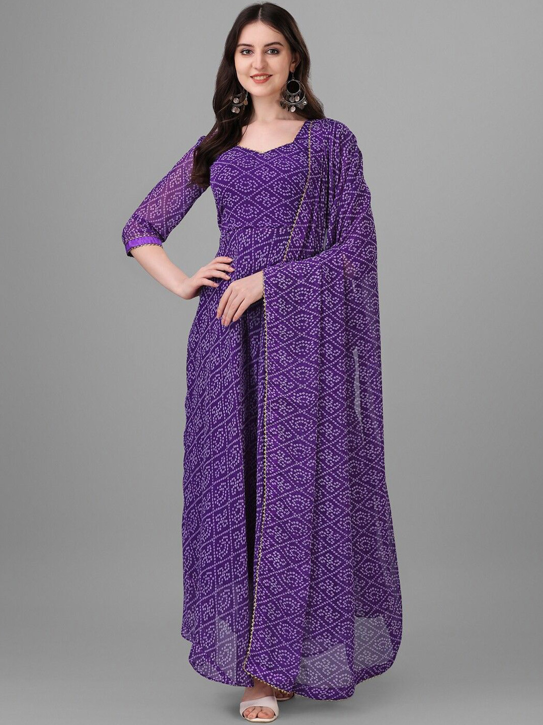 

Jinal & Jinal bandhani Printed Maxi Ethnic Dress With Dupatta, Violet