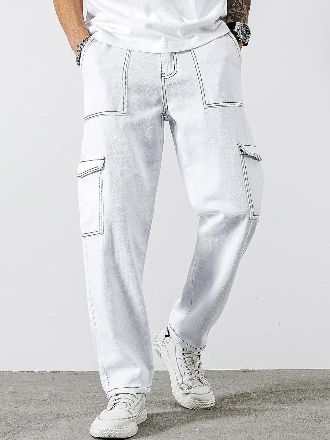 

MASTERLY WEFT Men Super Relaxed Fit Stretchable Jeans, White