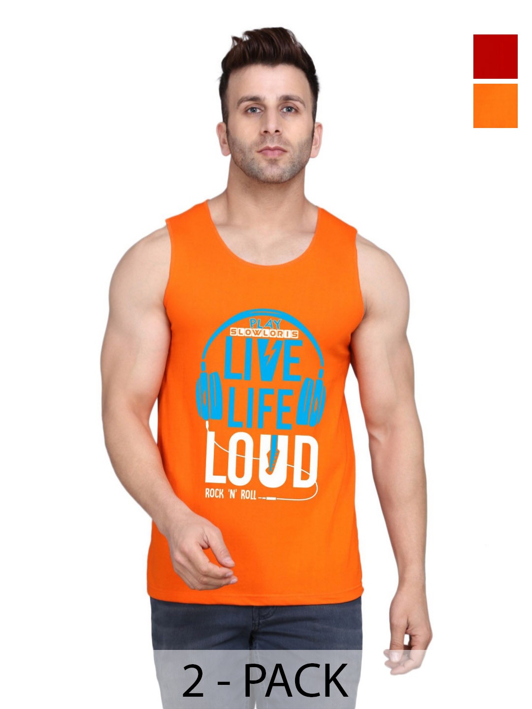 

SLOWLORIS Men Pack Of 2 Typography Printed Round Neck Cotton Slim Fit T-shirts, Orange